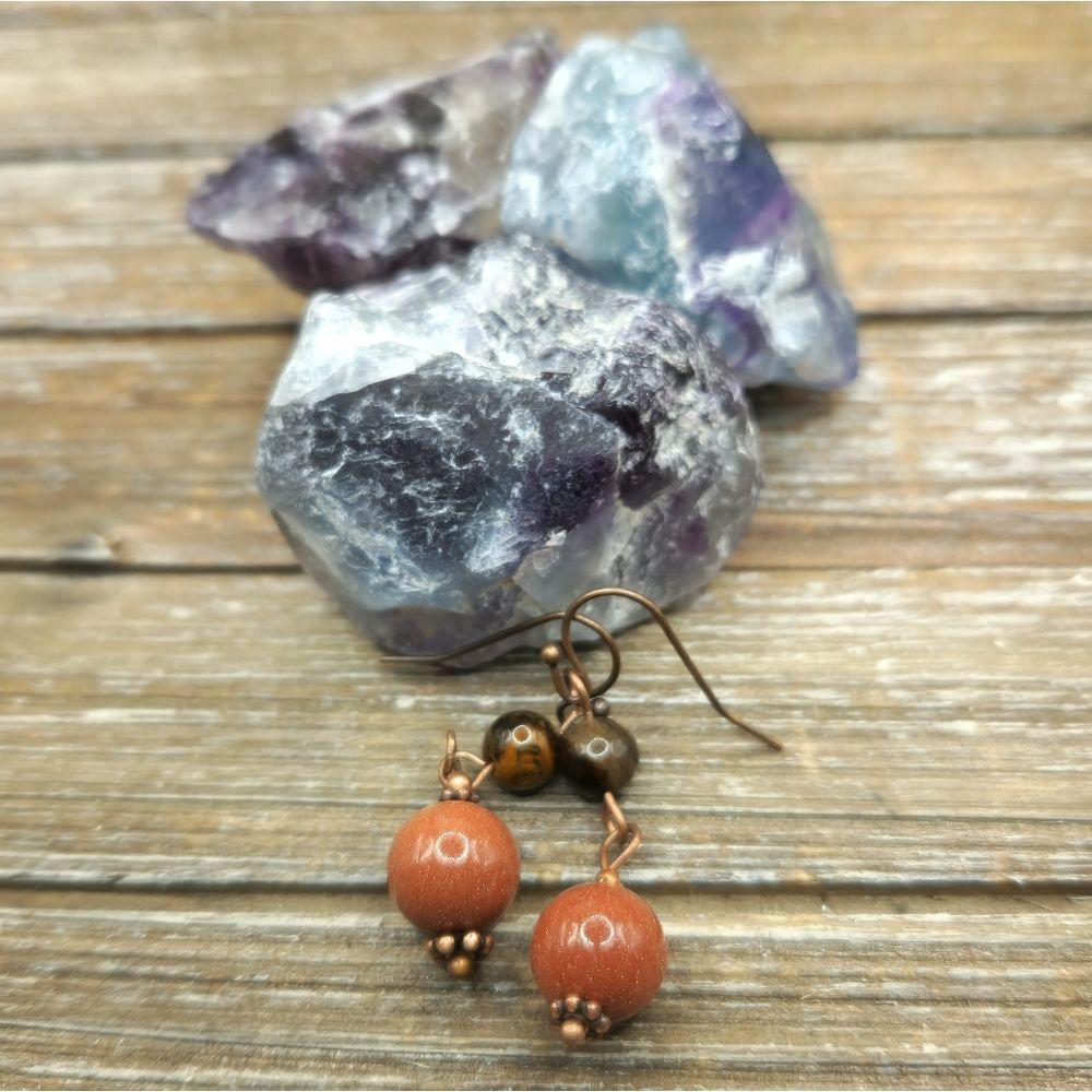 Goldstone, Tigers Eye and Copper Drop Earrings